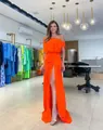 Vibrant orange one-shoulder maxi dress with high slit and elegant floor-length hemline. - S / Dresses / Orange Red