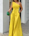 Elegant women's yellow one-shoulder wide-leg jumpsuit with tie waist and pockets - S / Set / Yellow
