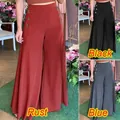 High-waist wide-leg pants with side buttons in rust, black, and blue colors. - S / Bottoms / Burgundy
