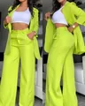 Full front and side view of elegant lime green blazer with matching wide-leg trousers - S / Top And Bottom / Yellow-Green