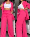 Elegant fuchsia pink two-piece women's suit with blazer and high-waist wide-leg pants - S / Top And Bottom / Rose Red