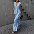 Model wearing elegant light blue sleeveless V-neck vest and loose wide-leg pants set - Sky Blue
