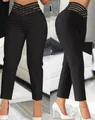 Side and front view of high waisted pencil trousers with criss-cross hollow waist design - S / Bottoms / Black