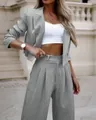 Close-up detail of a women's elegant grey pinstripe short blazer and wide-leg trouser suit set - S / Top And Bottom / Gray Striped