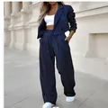 Elegant navy blue white striped two-piece suit set with short blazer and wide-leg pants - S / Top And Bottom / Blue Stripe