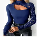 Elegant sexy navy blue high neck lace long sleeve T-shirt with irregular shoulder cut-out - S / Tops / Navy Blue