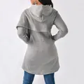 Rear view of a grey women's long-sleeved hooded sweatshirt featuring a casual design. - S / Tops / Gray