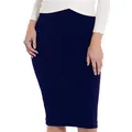 High-waisted navy blue midi pencil skirt showing the slim bodycon fit on model - S / Bottoms / Navy Blue