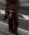 Brown 3-piece knitted set including oversized sweater, wide-leg pants and matching scarf - M / Set / Brown