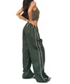Dark green wide-leg sports trousers with white side stripes and drawstring waist - S / Bottoms / Army Green