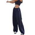 Navy blue wide-leg casual sports pants with white side stripes and elastic waist design - S / Bottoms / Black