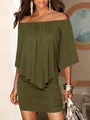 Close-up of olive green off-shoulder dress with asymmetrical geometric ruffle details. - S / Dresses / Army Green