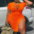 Close-up view of sexy orange bodycon dress with hollow-out chest and drawstring slit detail - 4XL / Orange Red