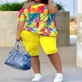 Vibrant women's set: colorful off-shoulder print top paired with yellow ruched shorts - S / Top And Bottom / Yellow