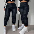 Front and side views of stylish black high-waisted PU leather cargo pants with pockets - S / Black