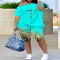 Close-up detail of women's cyan off-shoulder t-shirt and matching leopard print shorts set. - S / Top And Bottom / Green Leopard