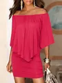 Detailed view of an elegant pink off-the-shoulder bodycon dress with ruffled layer - S / Dresses / Red