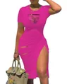 Detail view of a bright pink short-sleeve bodycon dress with chest cut-outs and high slit - S / Rose Red