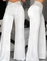 Close-up detail of white high-waisted wide-leg trousers with wavy pleated texture. - S / Bottoms / White