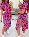 Vibrant pink leopard print dress with short sleeves, waist tie and side slit detail - S / Dresses / Rose Red Black Floral Pattern