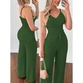 Elegante donkergroene set met V-hals top en wijde broek met hoge taille en textuur - Olijfgroen