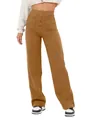 Detail view of brown high-waist straight-leg trousers with button fly and front pockets - Khaki