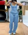 Full body view of an elegant light blue two-piece set featuring a corset top and wide leg pants - S / Top And Bottom / Sky Blue