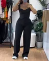 Elegant black two-piece set featuring a cropped vest top and high-waisted wide-leg trousers. - S / Top And Bottom / Black