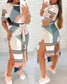 Side view of short-sleeved geometric print dress with high slit and waist tie detail - White Blue Checkered