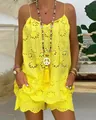 Gelbes Boho-Set mit Lochstickerei, Top und Shorts aus Baumwolle für Damen, Sommer - S / Oberteil Und Unterteil / Gelb