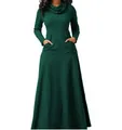 Front view of solid green long sleeve maxi dress with cowl neck and side pockets - S / Dresses / Green
