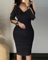 Detailed view of black off-the-shoulder pleated dress with rhinestone shoulder accents - S / Dress (k) / Black