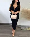 Robe moulante noire élégante à col en V profond avec détail à basque à la taille - S / Noir