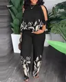 Women's black two-piece set with white leaf print, pearl shoulder trim and wide-leg pants. - L / Top And Bottom / Black