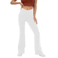 Detalle de pantalones acampanados blancos de cintura alta cruzada y tela yoga elástica - S / Bottoms / Blanco