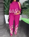 Women's magenta two-piece set with pearl-beaded cut-out shoulders and floral print - L / Top And Bottom / Rose Red