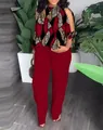 Stylish women's two-piece set featuring a geometric leopard print top and red trousers. - 3XL / Top And Bottom / Red