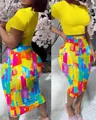 Vibrant yellow crop top and colorful abstract print bodycon midi skirt 2-piece outfit set - S / Top And Bottom / Yellow
