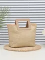 Elegante bolso tote de paja tejida con asa cuadrada para un estilo veraniego de playa - 22*11*18cm / Albaricoque
