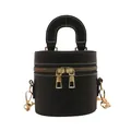 Sac seau cylindrique noir élégant avec double fermeture éclair et coutures contrastées - Noir