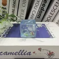 Macro view of blue ocean-themed cube squishy toy with fish figurines - Blue