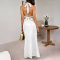 Elegant white Y2K halter crop top and textured maxi skirt set with back bow ties - S / Top And Bottom / White