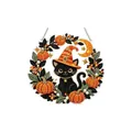 Handmade Halloween diamond art hanging wreath with black cat in witch hat and pumpkins - Black Cat with Orange Hat