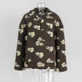Brown floral sherpa fleece half-zip sweatshirt with stand collar for winter - S / Tops / Brown