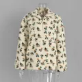 Detail view of floral print sherpa fleece sweatshirt featuring a half-zip and front pocket - S / Tops / Off White Brown Green Floral