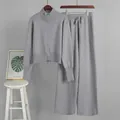 Two-piece grey knitted set with double-zipper cardigan and matching wide-leg trousers - S / Top And Bottom / Gray