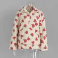 Warm cream-colored fleece sweatshirt featuring a vibrant red floral print and half-zip closure - S / Tops / Cream with Red Flowers