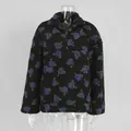 Women's black sherpa fleece sweatshirt with purple floral print and quarter-zip collar - S / Tops / Black Base Purple Flower