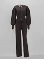 Vista detallada del conjunto de punto marrón con top con cremallera y pantalón ancho - S / Top Y Pantalón / Marrón