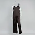 Full view of black satin camisole and trousers pajama set on a clear mannequin - S / Top And Bottom / Brown